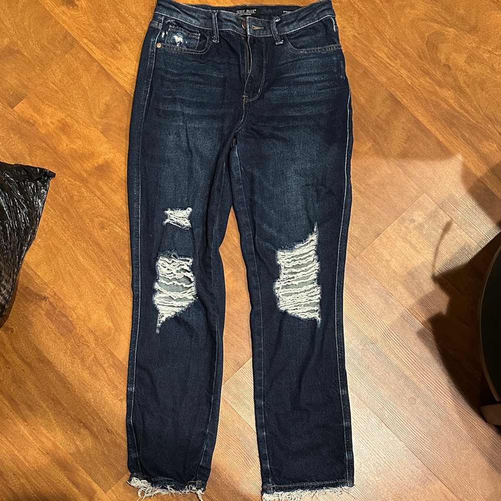 Judy Blue Dark Distressed Straight Leg Jeans